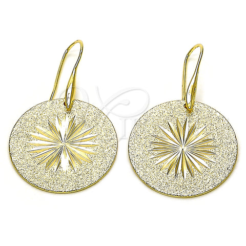 Oro Laminado Dangle Earring, Gold Filled Style Flower and Sun Design, Diamond Cutting Finish, Golden Finish, 5.092.003