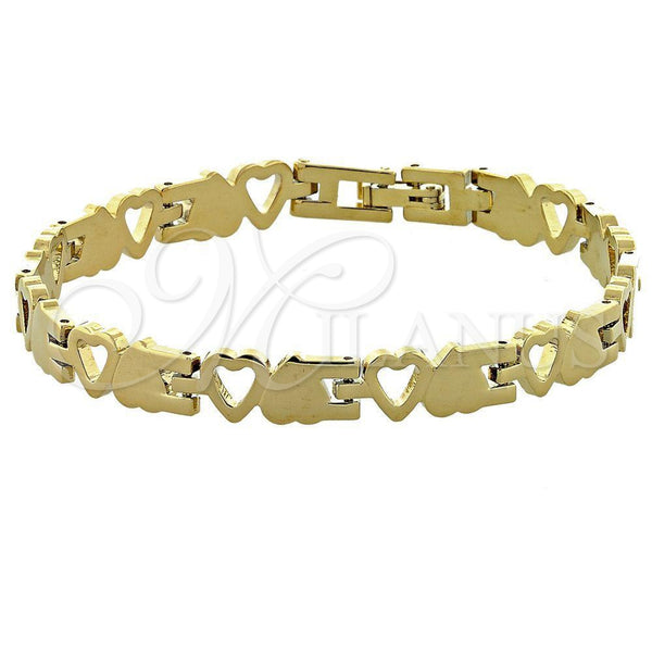 Oro Laminado Solid Bracelet, Gold Filled Style Heart and Heart Design, Polished, Golden Finish, 5.035.006 (08 MM Thickness, 8 Inches Length)
