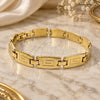 Oro Laminado Solid Bracelet, Gold Filled Style Greek Key Design, Diamond Cutting Finish, Golden Finish, 5.018.001 (9 Inches Length)