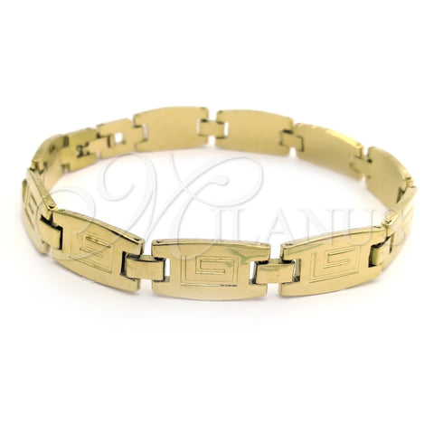 Oro Laminado Solid Bracelet, Gold Filled Style Greek Key Design, Diamond Cutting Finish, Golden Finish, 5.018.001 (9 Inches Length)
