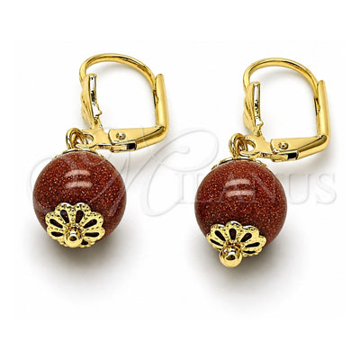 Oro Laminado Dangle Earring, Gold Filled Style Ball Design, with Brown Goldstone Venturina, Polished, Golden Finish, 5.123.011