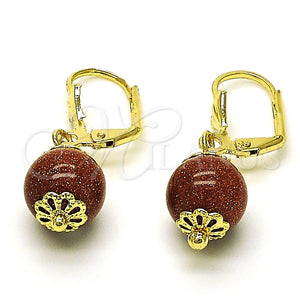 Oro Laminado Dangle Earring, Gold Filled Style Ball Design, with Brown Goldstone Venturina, Polished, Golden Finish, 5.123.011