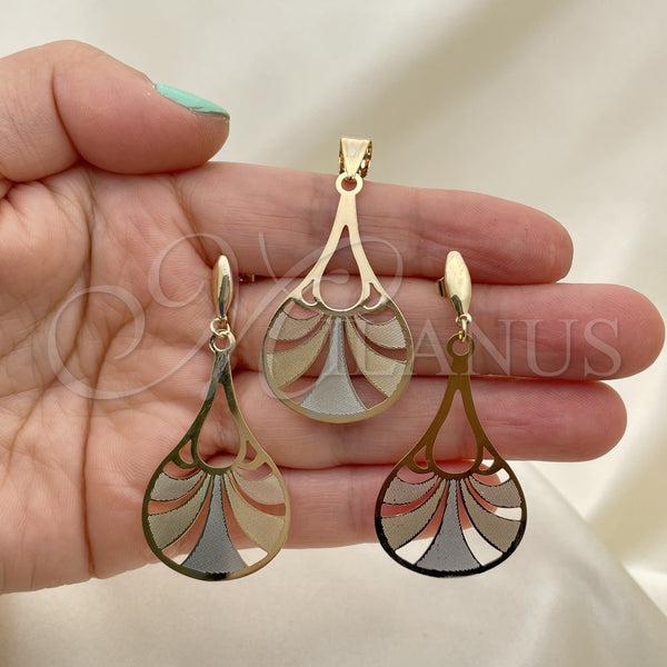 Oro Laminado Earring and Pendant Adult Set, Gold Filled Style Polished, Tricolor, 5.044.004