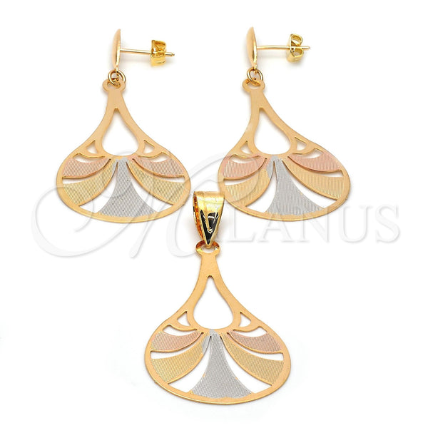 Oro Laminado Earring and Pendant Adult Set, Gold Filled Style Polished, Tricolor, 5.044.004