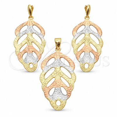 Oro Laminado Earring and Pendant Adult Set, Gold Filled Style Leaf Design, Polished, Tricolor, 5.046.003