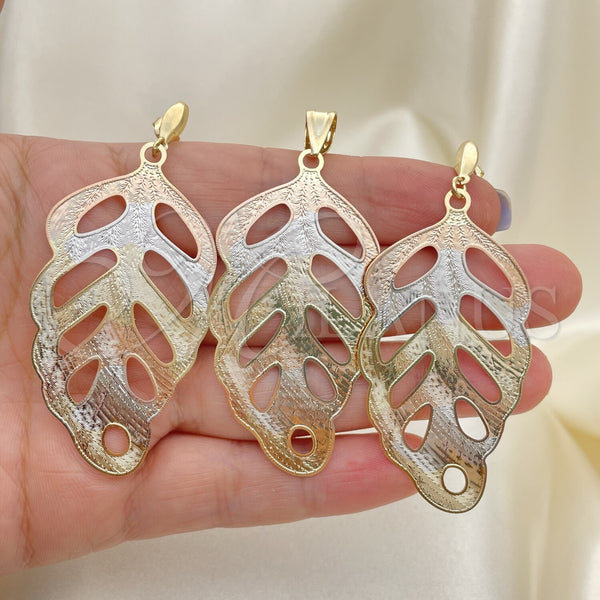 Oro Laminado Earring and Pendant Adult Set, Gold Filled Style Leaf Design, Polished, Tricolor, 5.046.003