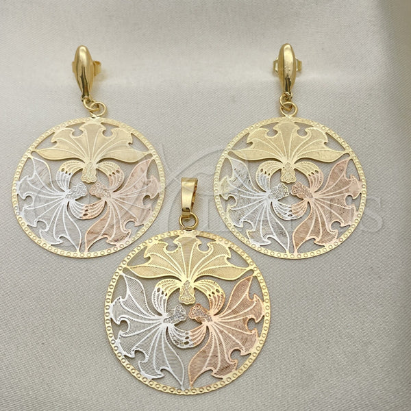 Oro Laminado Earring and Pendant Adult Set, Gold Filled Style Polished, Tricolor, 5.041.003