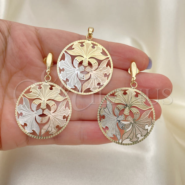 Oro Laminado Earring and Pendant Adult Set, Gold Filled Style Polished, Tricolor, 5.041.003