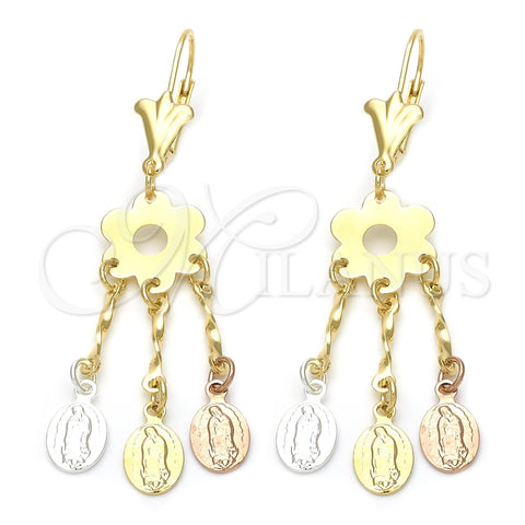 Oro Laminado Chandelier Earring, Gold Filled Style Guadalupe and Flower Design, Polished, Tricolor, 02.63.2280