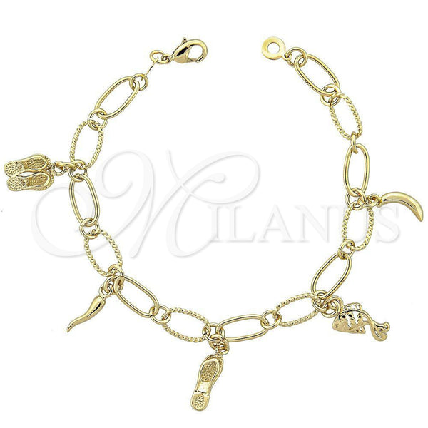 Oro Laminado Charm Bracelet, Gold Filled Style Shoes and Fish Design, Diamond Cutting Finish, Golden Finish, 5.019.008 (08 MM Thickness, 8 Inches Length)