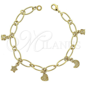 Oro Laminado Charm Bracelet, Gold Filled Style Crown Design, Diamond Cutting Finish, Golden Finish, 5.025.002 (08 MM Thickness, 7 Inches Length)