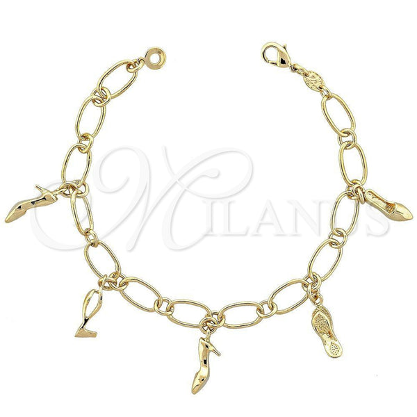 Oro Laminado Charm Bracelet, Gold Filled Style Shoes Design, Polished, Golden Finish, 5.020.005 (08 MM Thickness, 8 Inches Length)