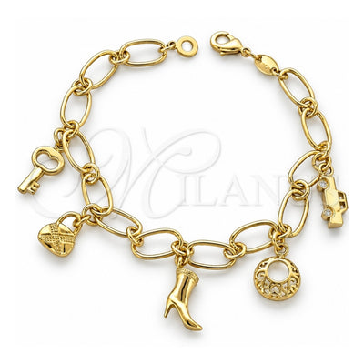 Oro Laminado Charm Bracelet, Gold Filled Style Shoes Design, Diamond Cutting Finish, Golden Finish, 5.022.002 (08 MM Thickness, 7 Inches Length)