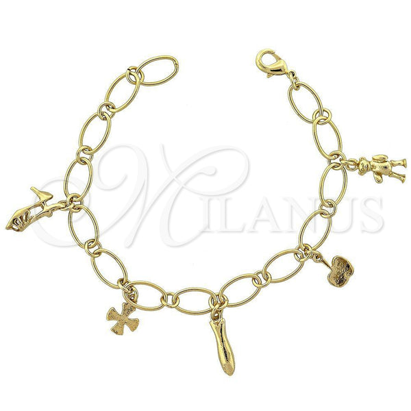 Oro Laminado Charm Bracelet, Gold Filled Style Shoes and Teddy Bear Design, Polished, Golden Finish, 03.63.0337 (08 MM Thickness, 8 Inches Length)