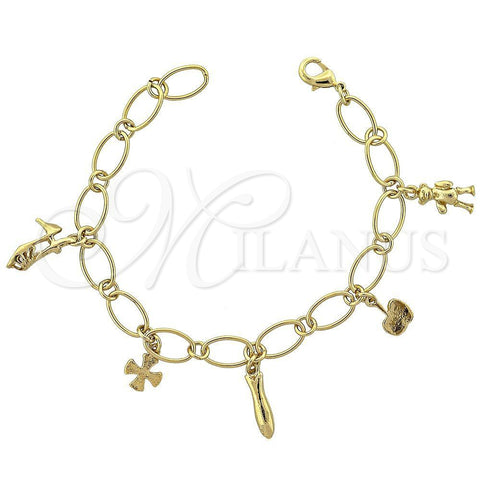 Oro Laminado Charm Bracelet, Gold Filled Style Shoes and Teddy Bear Design, Polished, Golden Finish, 03.63.0337 (08 MM Thickness, 8 Inches Length)