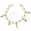 Oro Laminado Charm Bracelet, Gold Filled Style Shoes and Teddy Bear Design, Polished, Golden Finish, 03.63.0337 (08 MM Thickness, 8 Inches Length)