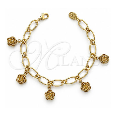 Oro Laminado Charm Bracelet, Gold Filled Style Flower Design, Diamond Cutting Finish, Golden Finish, 5.020.002 (08 MM Thickness, 8 Inches Length)