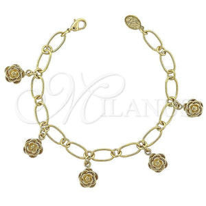 Oro Laminado Charm Bracelet, Gold Filled Style Flower Design, Diamond Cutting Finish, Golden Finish, 5.020.002 (08 MM Thickness, 8 Inches Length)