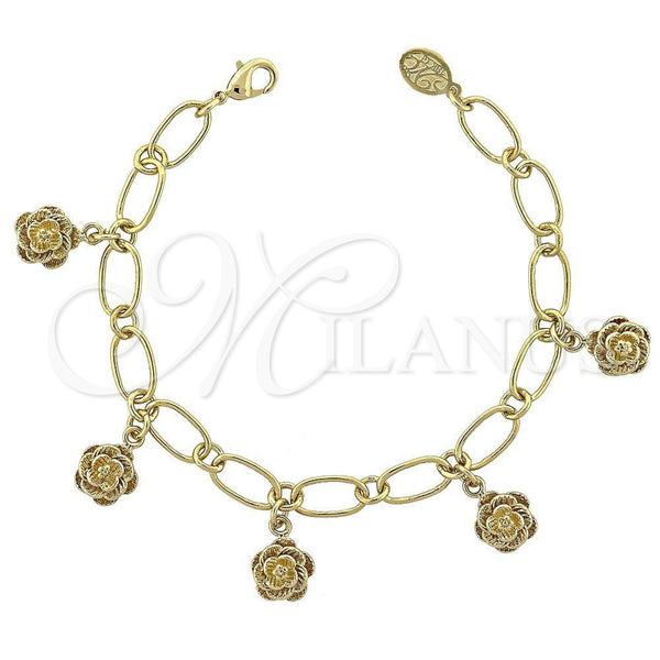 Oro Laminado Charm Bracelet, Gold Filled Style Flower Design, Diamond Cutting Finish, Golden Finish, 5.020.002 (08 MM Thickness, 8 Inches Length)