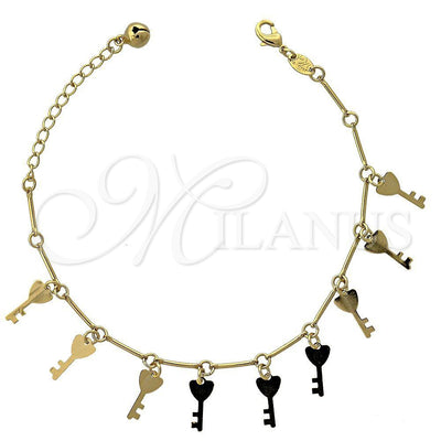 Oro Laminado Charm Bracelet, Gold Filled Style key and Rattle Charm Design, Polished, Golden Finish for wholesale, main product view