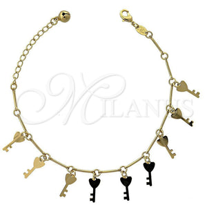 Oro Laminado Charm Bracelet, Gold Filled Style key and Rattle Charm Design, Polished, Golden Finish, 5.016.015.07 (03 MM Thickness, 7 Inches Length)