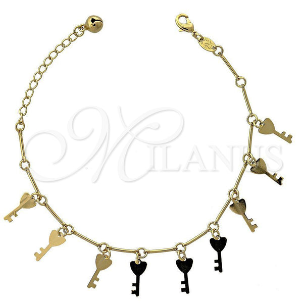 Oro Laminado Charm Bracelet, Gold Filled Style key and Rattle Charm Design, Polished, Golden Finish, 5.016.015.07 (03 MM Thickness, 7 Inches Length)