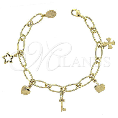 Oro Laminado Charm Bracelet, Gold Filled Style Heart and key Design, Diamond Cutting Finish, Golden Finish for wholesale, main product view