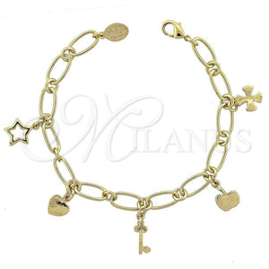 Oro Laminado Charm Bracelet, Gold Filled Style Heart and key Design, Diamond Cutting Finish, Golden Finish, 5.019.006 (07 MM Thickness, 7 Inches Length)