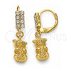 Oro Laminado Dangle Earring, Gold Filled Style Teddy Bear Design, with White Cubic Zirconia, Diamond Cutting Finish, Golden Finish, 5.123.020