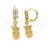 Oro Laminado Dangle Earring, Gold Filled Style Teddy Bear Design, with White Cubic Zirconia, Diamond Cutting Finish, Golden Finish, 5.123.020