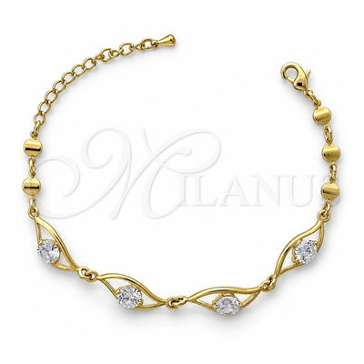 Oro Laminado Fancy Bracelet, Gold Filled Style Evil Eye Design, with White Cubic Zirconia, Polished, Golden Finish, 5.028.009 (07 MM Thickness, 8 Inches Length)