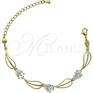 Oro Laminado Fancy Bracelet, Gold Filled Style Leaf Design, with White Cubic Zirconia, Polished, Golden Finish, 5.028.011 (07 MM Thickness, 7 Inches Length)