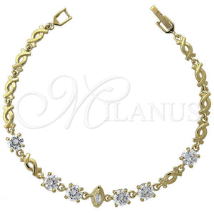 Oro Laminado Fancy Bracelet, Gold Filled Style Hugs and Kisses Design, with White Cubic Zirconia, Polished, Golden Finish, 5.027.009 (05 MM Thickness, 8 Inches Length)