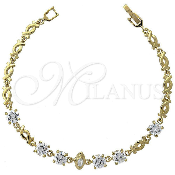 Oro Laminado Fancy Bracelet, Gold Filled Style Hugs and Kisses Design, with White Cubic Zirconia, Polished, Golden Finish, 5.027.009 (05 MM Thickness, 8 Inches Length)