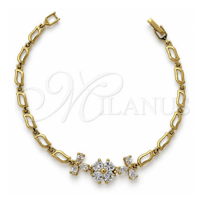 Oro Laminado Fancy Bracelet, Gold Filled Style Flower Design, with White Cubic Zirconia, Polished, Golden Finish, 5.027.011 (12 MM Thickness, 7 Inches Length)