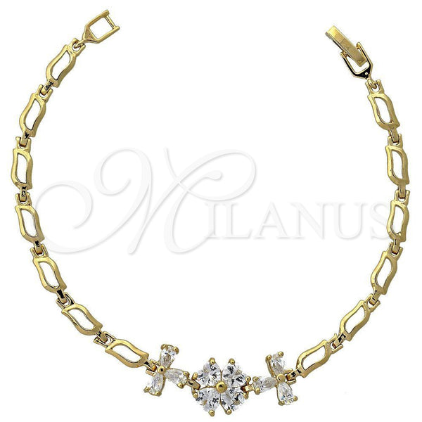 Oro Laminado Fancy Bracelet, Gold Filled Style Flower Design, with White Cubic Zirconia, Polished, Golden Finish, 5.027.011 (12 MM Thickness, 7 Inches Length)