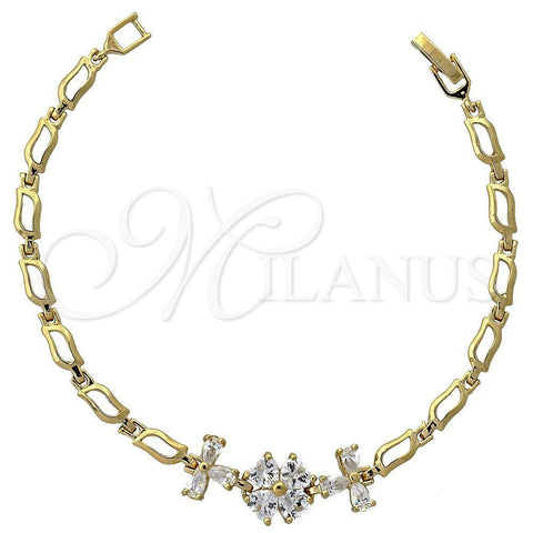Oro Laminado Fancy Bracelet, Gold Filled Style Flower Design, with White Cubic Zirconia, Polished, Golden Finish, 5.027.011 (12 MM Thickness, 7 Inches Length)