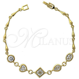 Oro Laminado Fancy Bracelet, Gold Filled Style Heart Design, with White Cubic Zirconia, Polished, Golden Finish, 5.028.007 (10 MM Thickness, 8 Inches Length)