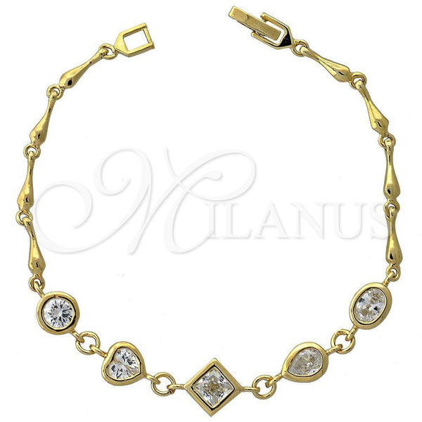 Oro Laminado Fancy Bracelet, Gold Filled Style Heart Design, with White Cubic Zirconia, Polished, Golden Finish, 5.028.007 (10 MM Thickness, 8 Inches Length)