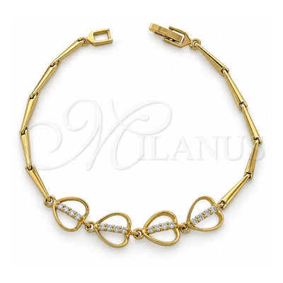 Oro Laminado Fancy Bracelet, Gold Filled Style Heart Design, with White Cubic Zirconia, Polished, Golden Finish, 5.029.010 (10 MM Thickness, 8 Inches Length)
