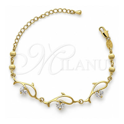 Oro Laminado Fancy Bracelet, Gold Filled Style Dolphin Design, with White Cubic Zirconia, Polished, Golden Finish, 5.028.008 (11 MM Thickness, 6 Inches Length)