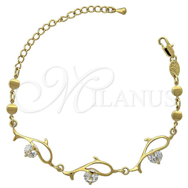 Oro Laminado Fancy Bracelet, Gold Filled Style Dolphin Design, with White Cubic Zirconia, Polished, Golden Finish, 5.028.008 (11 MM Thickness, 6 Inches Length)