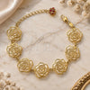 Oro Laminado Charm Bracelet, Gold Filled Style Flower Design, with Garnet Crystal, Diamond Cutting Finish, Golden Finish, 5.017.009 (12 MM Thickness, 7 Inches Length)