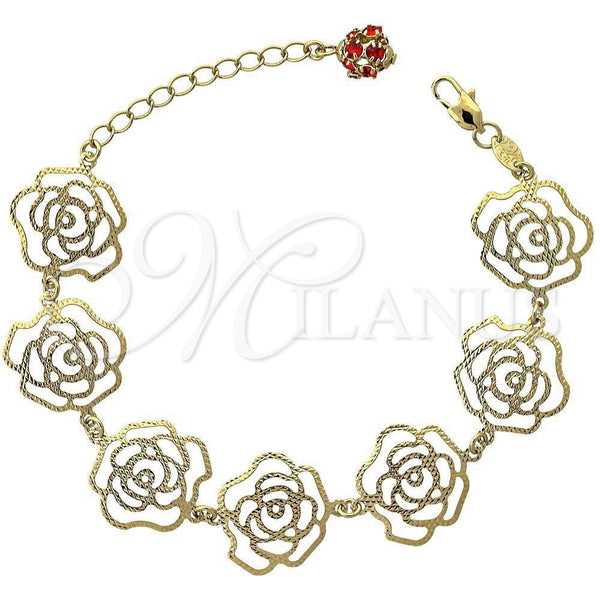 Oro Laminado Charm Bracelet, Gold Filled Style Flower Design, with Garnet Crystal, Diamond Cutting Finish, Golden Finish, 5.017.009 (12 MM Thickness, 7 Inches Length)