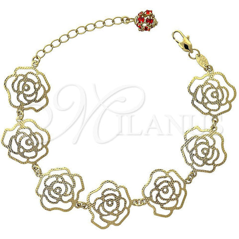 Oro Laminado Charm Bracelet, Gold Filled Style Flower Design, with Garnet Crystal, Diamond Cutting Finish, Golden Finish, 5.017.009 (12 MM Thickness, 7 Inches Length)