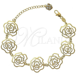 Oro Laminado Charm Bracelet, Gold Filled Style Flower Design, with White Crystal, Diamond Cutting Finish, Golden Finish, 5.017.010 (11 MM Thickness, 7 Inches Length)