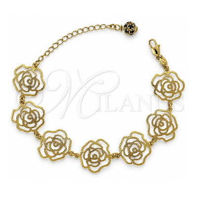 Oro Laminado Fancy Bracelet, Gold Filled Style Flower Design, with Black Crystal, Diamond Cutting Finish, Golden Finish, 5.017.008 (12 MM Thickness, 7 Inches Length)