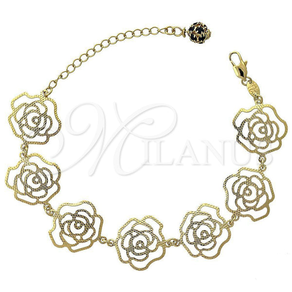 Oro Laminado Fancy Bracelet, Gold Filled Style Flower Design, with Black Crystal, Diamond Cutting Finish, Golden Finish, 5.017.008 (12 MM Thickness, 7 Inches Length)