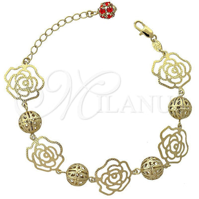 Oro Laminado Fancy Bracelet, Gold Filled Style Flower Design, with Orange Red Cubic Zirconia, Polished, Golden for wholesale, main product view