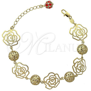 Oro Laminado Fancy Bracelet, Gold Filled Style Flower Design, with Orange Red Cubic Zirconia, Polished, Golden Finish, 5.017.006 (10 MM Thickness, 8 Inches Length)